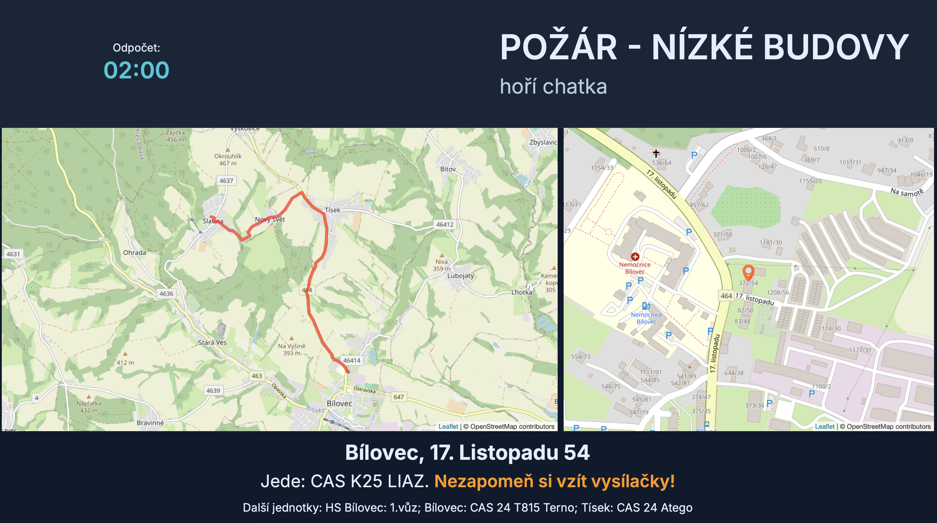 Mapa trasy na místo zásahu