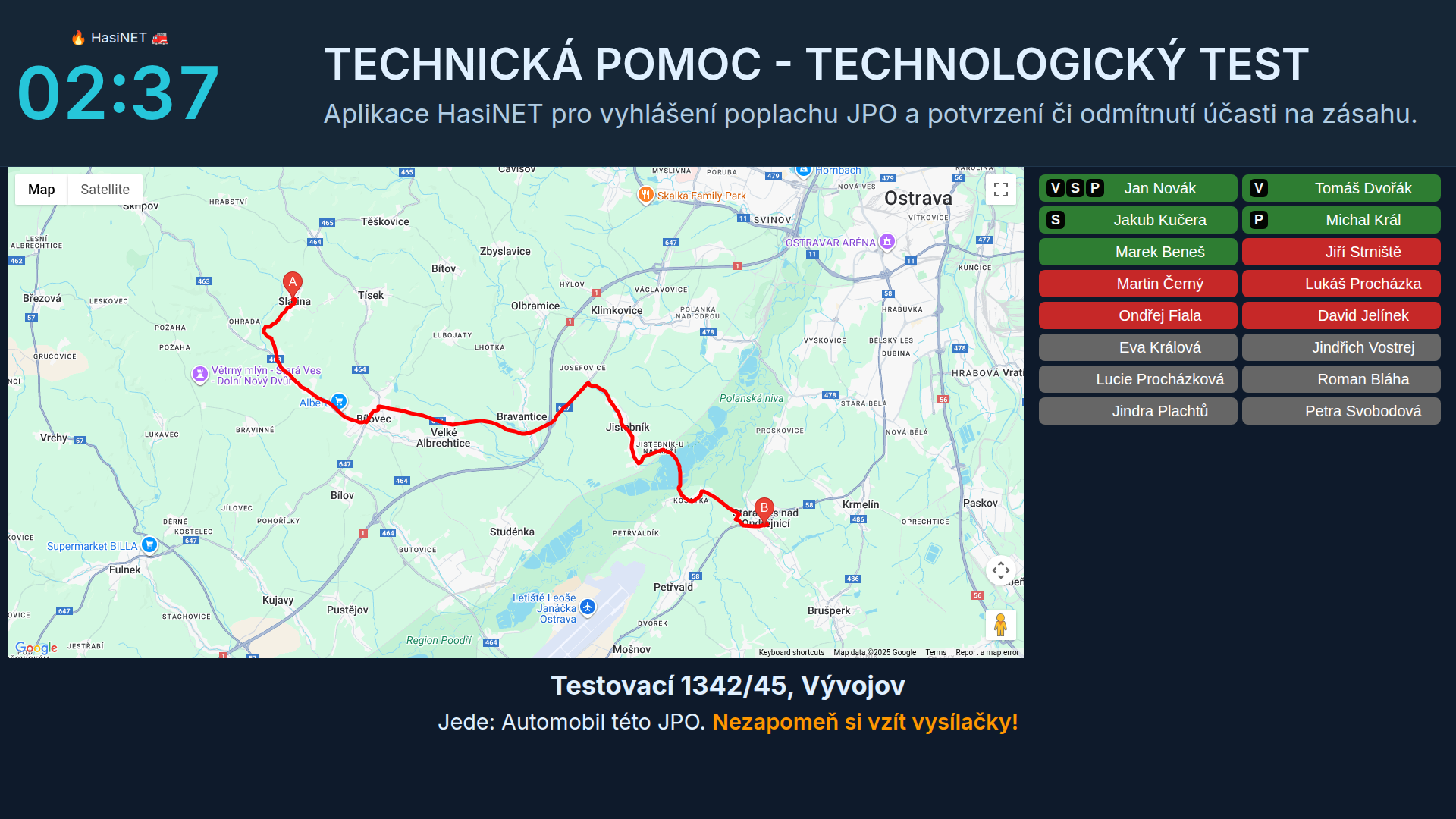 Mapa trasy na místo zásahu